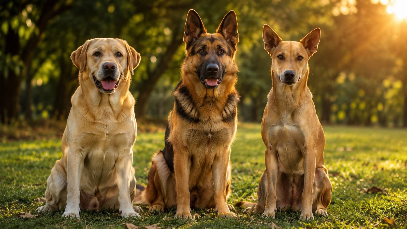 Popular dog breeds in India including Labrador Retriever, German Shepherd, and Indian Pariah Dog sitting together outdoors